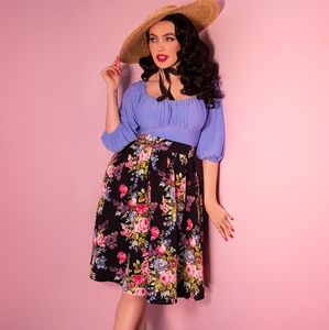 Vixen By Micheline Pitt Vacation Swing Skirt Black Vintage Floral Print, medium